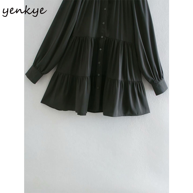 YENKYE Vintage Solid Color Casual Dress Women Lapel Collar Long Sleeve Loose Mini Winter Dress Female Plus Size Short Vestido 210515