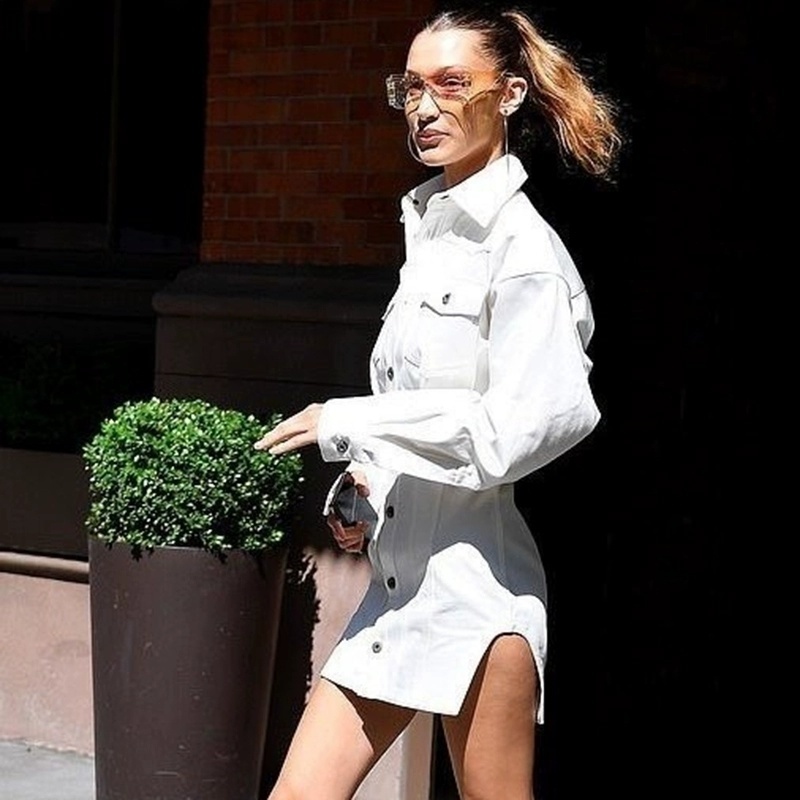 Foridol vintage button up white denim bodycon mini dress women long sleeve autumn winter side slit short dress streetstyle 210415