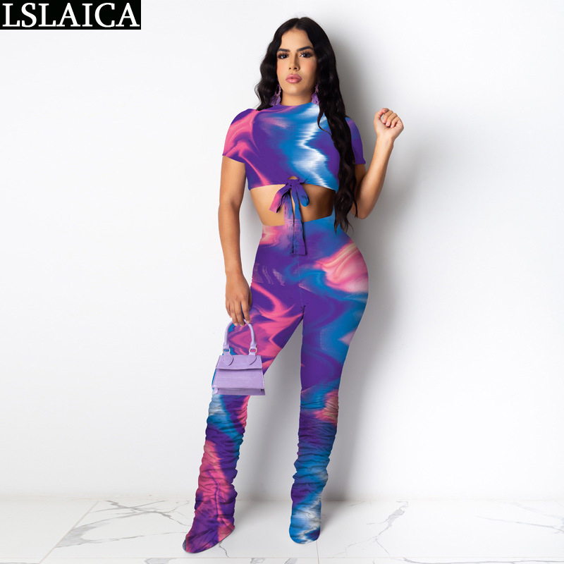 2 Piece Set Women Tie-Dye Criss-Cross Short Top&Long Stacked Leggings 2 Sets Womens Outfits Casual Office Ensemble Femme 210520