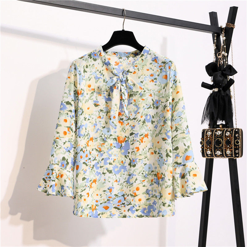 Women's Party Blouses Spring Autumn Long Sleeve Bow Neck Flower Shirts OL Petal Blusas Floral Chiffon Tops for Woman 210514