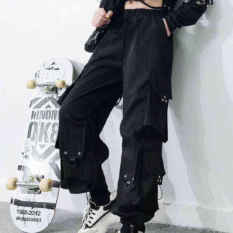 QWEEK Gothic Black Cargo Pants Women Baggy Harajuku Streetwear Oversize Punk Jogging Trousers for Female Hip Hop Mall Goth Emo 211115