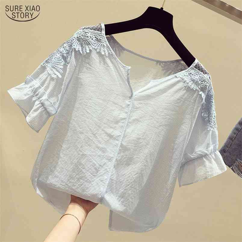 Solid Short Sleeve Lace White Shirt Korean Womens Tops and Blouses Blusas Mujer De Moda Loose Office Lady Clothes 9901 210506