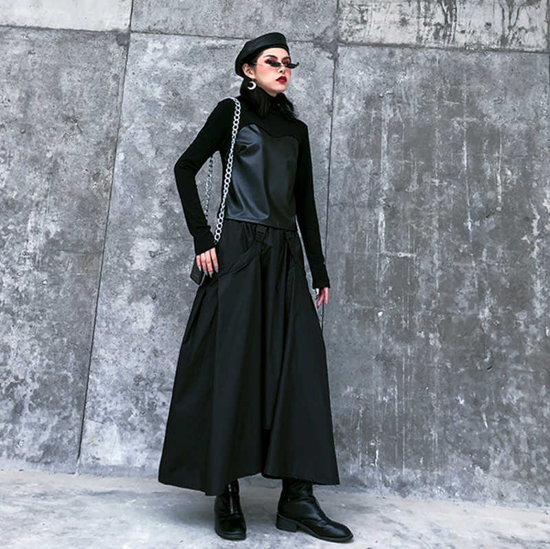 [EAM] High Elastic Waist Black Buckle Split Joint IrregularHalf-body Skirt Women Fashion Spring Autumn 1DA108 210621