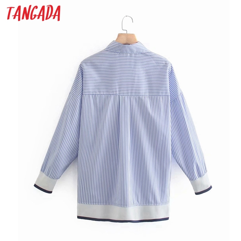 Women Blue Striped Shirts Long Sleeve Turn Down Collar Elegant Office Ladies Work Wear Blouses XN304 210416