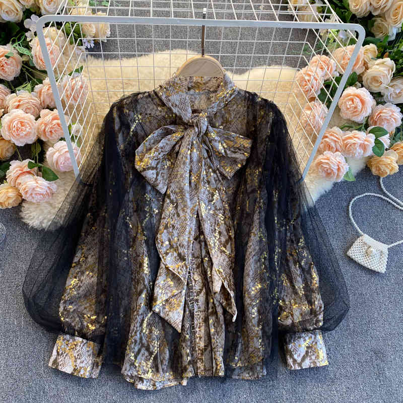 Nomikuma Snake Skin Printed Blouse Tops Korean Bow Tie Collar Lanter Sleeve Shirt New Spring Mesh Patchwork Blusas Mujer 6E073 210427