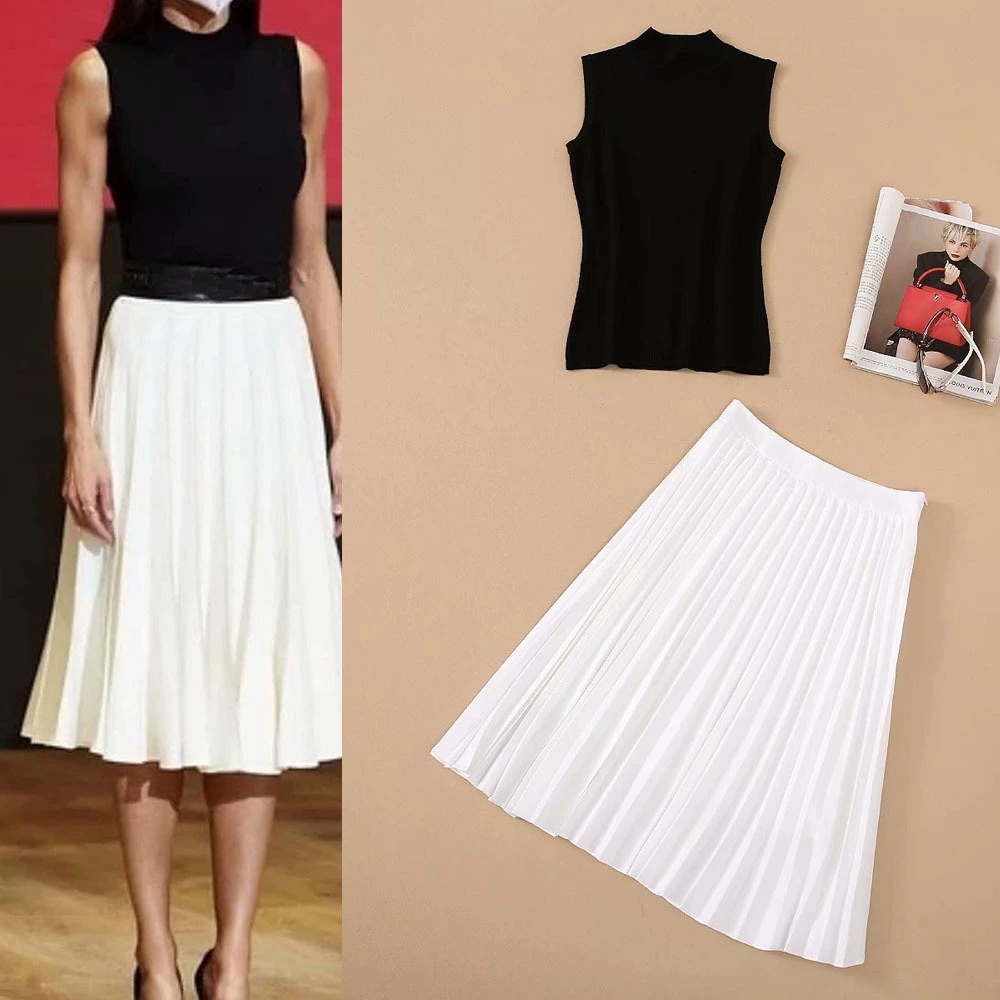 European and American high-quality two-piece dress sleeveless knitted top + large pleated skirt, Customize
European and American high-quality two-piece dress sleeveless knitted top + large pleated skirt, Customize
