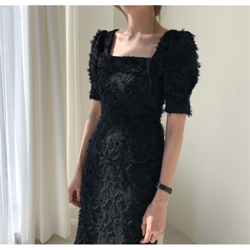 Korea Style Chic Dress Women Square Collar Tassel Short Sleeve Fashion Vintage Vestidos De Fiesta 210520