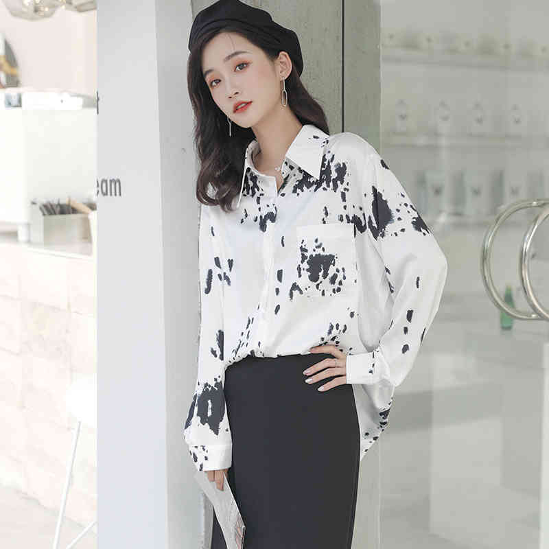 All-match Korean Fashion Single Breasted Women Tops Autumn Cow Spot Printed Blouse Loose Long Sleeve Shirt 11448 210427