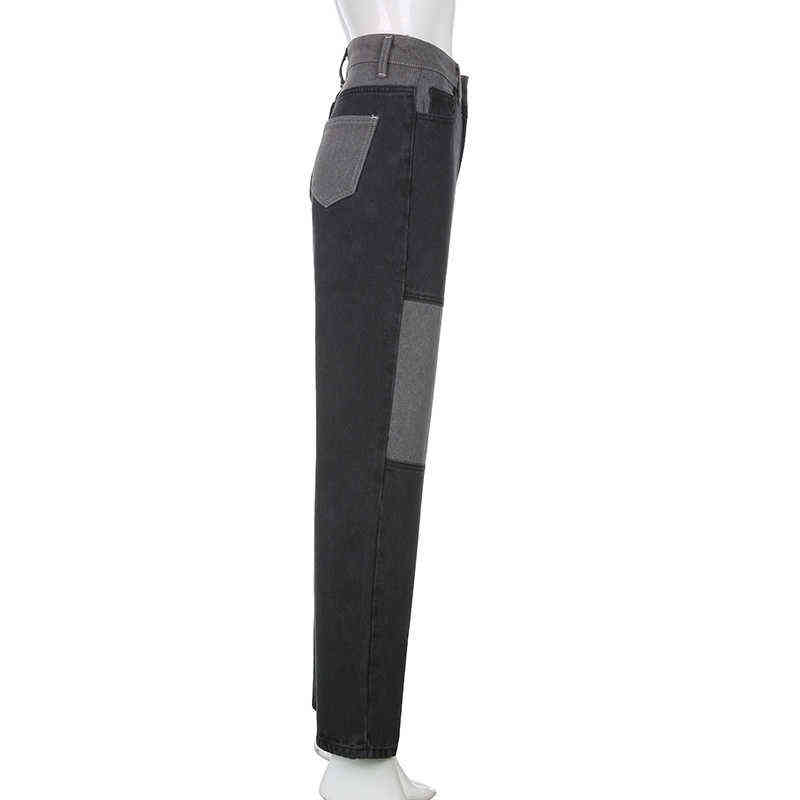 Fashion Patchwork Skinny Straight Jeans Women High Waist Pocket Sexy Color Block High Street Long Grey Denim Pants 211112