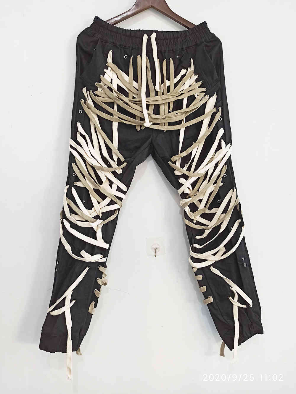 IEFB /men's wear high street Patchwork strings Bandage male's Trouser High Waist Casual Slim Pants Streetwear Fashion 210524