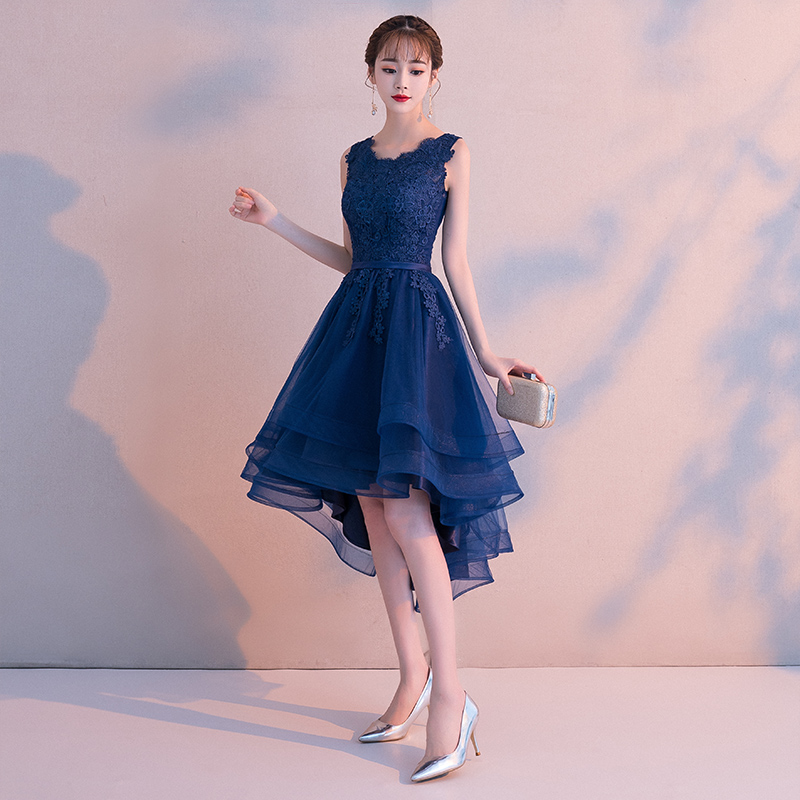 Robe de evening dress soiree Navy Blue O-Neck Sleeveless lace vestido de festa Short Front Long Back Party Dresses