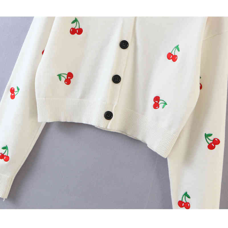 Sweet Cute Kawaii Pink Cherry Embroidery Women Autumn Knitted Cardigan Tops Chic V-neck Single-breasted Sweaters 210514