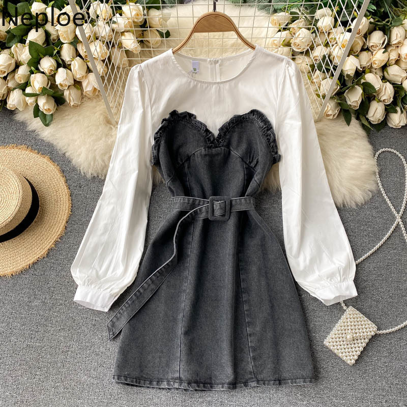 Neploe Korean Fashion Dresses for Women Puff Sleeve Sweet Ruffles Vestodps Patchwork Cowboy Contrast Color Lace Up Short Dress 210422
