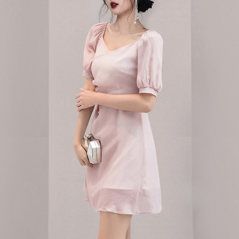Women's Dress Summer Elegant V-Neck Puff Sleeve Chiffon Mini Dress Female Ruched Slim Waist A-Line Dress 210518
