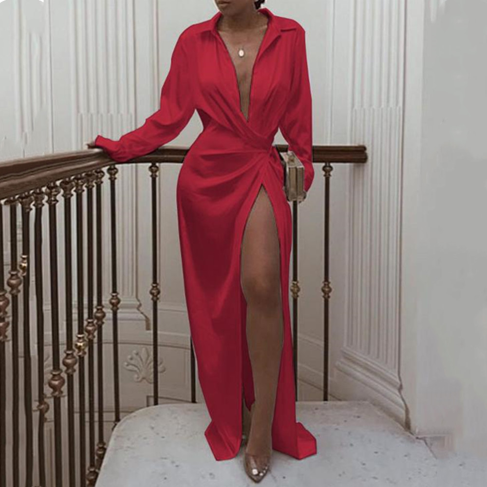 Deep V Neck Stain White Sexy Dresses Women Split Night Club Wear Party Autumn Long Sleeve Elegant Evening Shirt Dress Black Maxi 210517