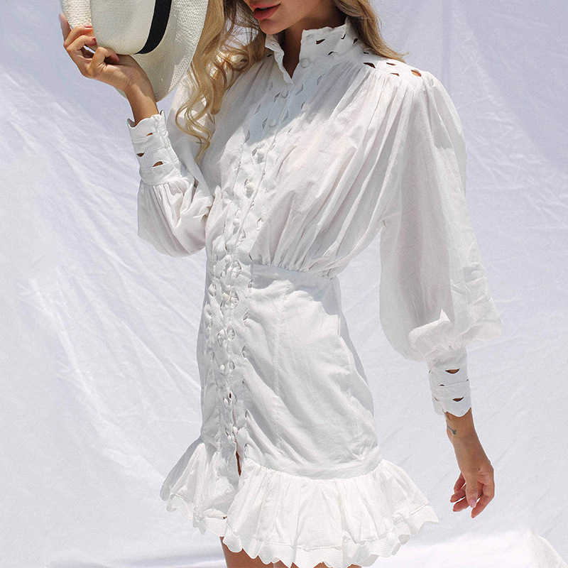 Spring Summer Dress Fashion Women Sexy Hollow Out Patchwork Lantern Sleeve Button Black White Shirt Mermaid Mini Dress 210630