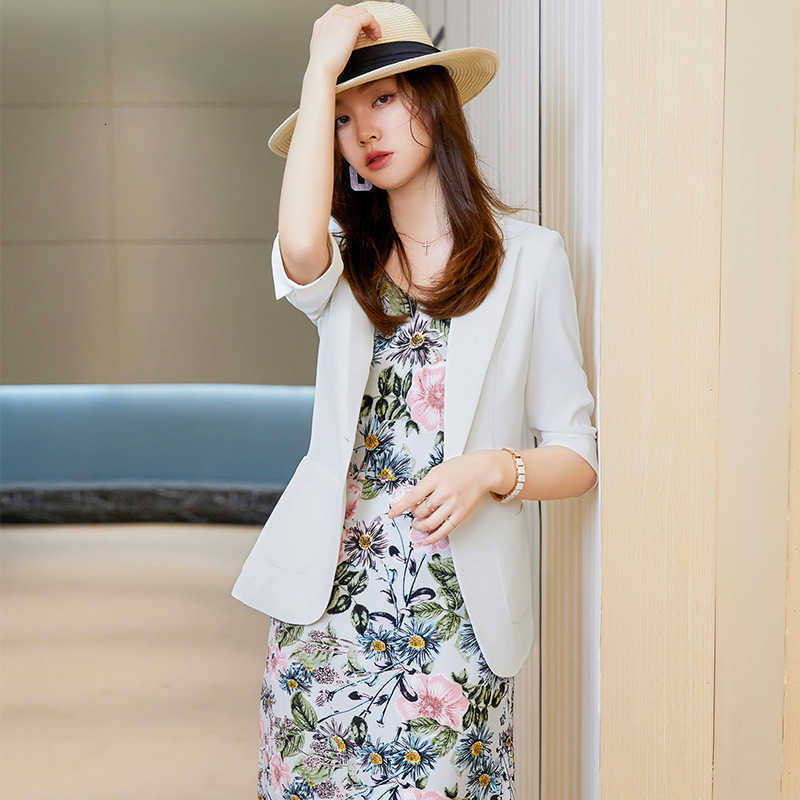 White Blazer Coat Women's Chiffon Thin Suit Medium Sleeve Versatile Casual Suspender Skirt Print Drs