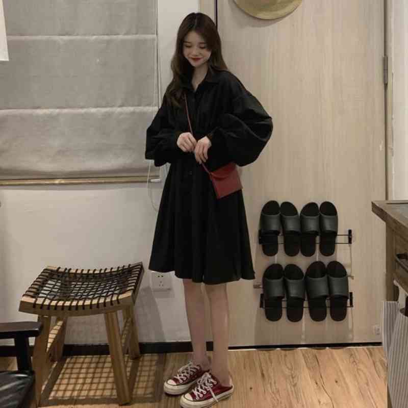 Dress Long Sleeve Preppy Style Solid Sweet Simple Elegant Pleated Stylish Womens Slim Daily Streetwear High Waist 819J 210420