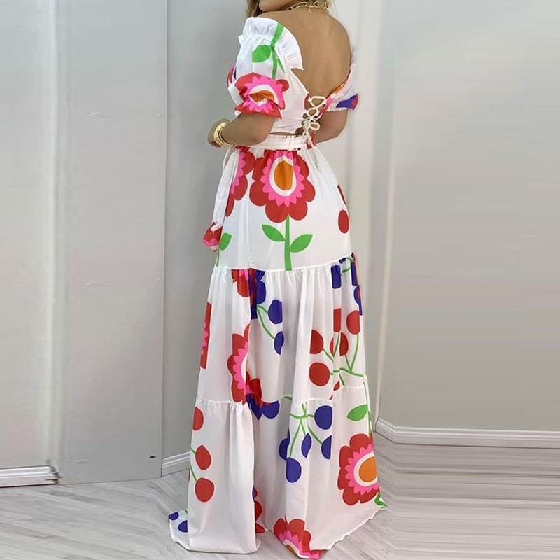 Women Dress Set Floral Print Lace-up Puff Sleeve Backless Crop Top & Maxi Skirt Sets Sexy Summer Women Two Piece Set 210521