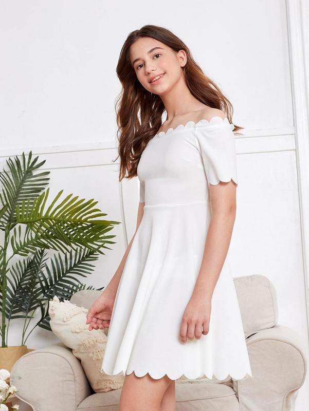 Teen Girls Off Shoulder Scallop Trim Flare Hem Dress SHE