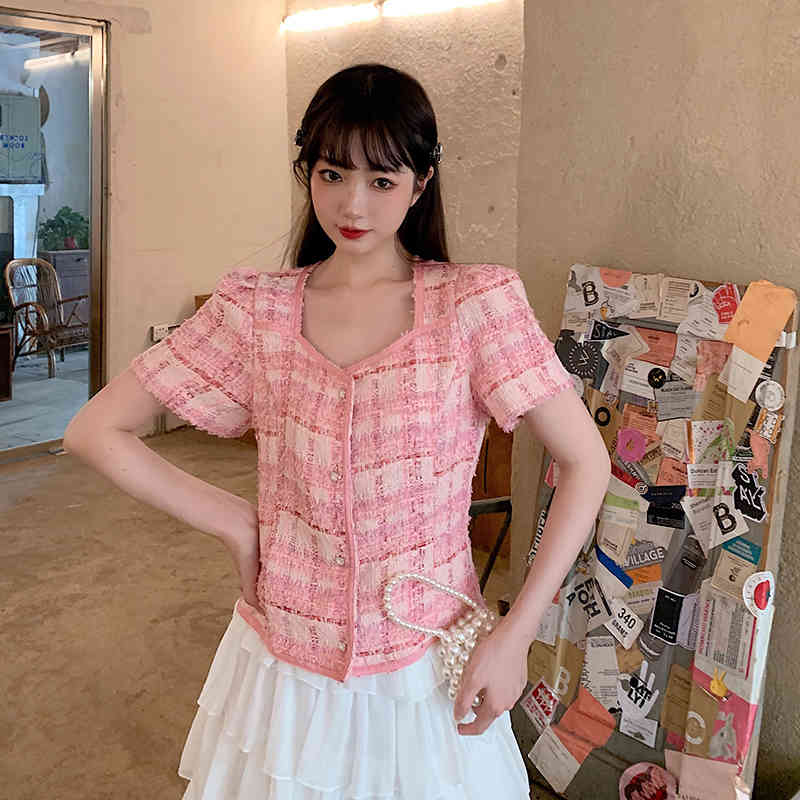 Sweet Fashion Two Piece Set Women's Pink Plaid Tweed Short Sleeve Chic Tops + Ruffles Chiffon Mini Skirts Outfits Female 210519