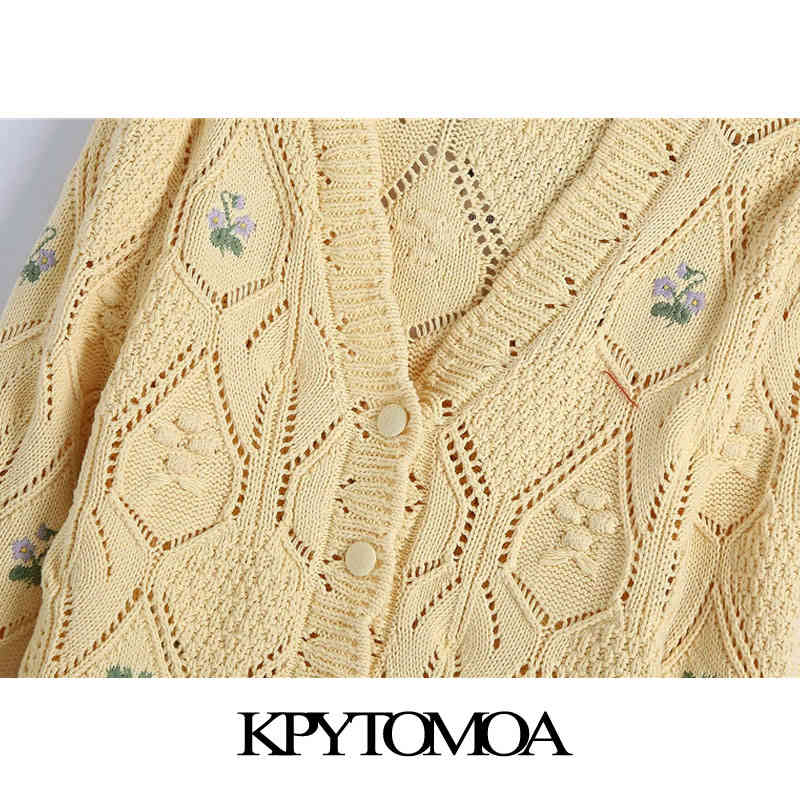 Women Fashion Floral Embroidery Cropped Knitted Cardigan Sweater Long Sleeve Female Outerwear Chic Tops 210420
