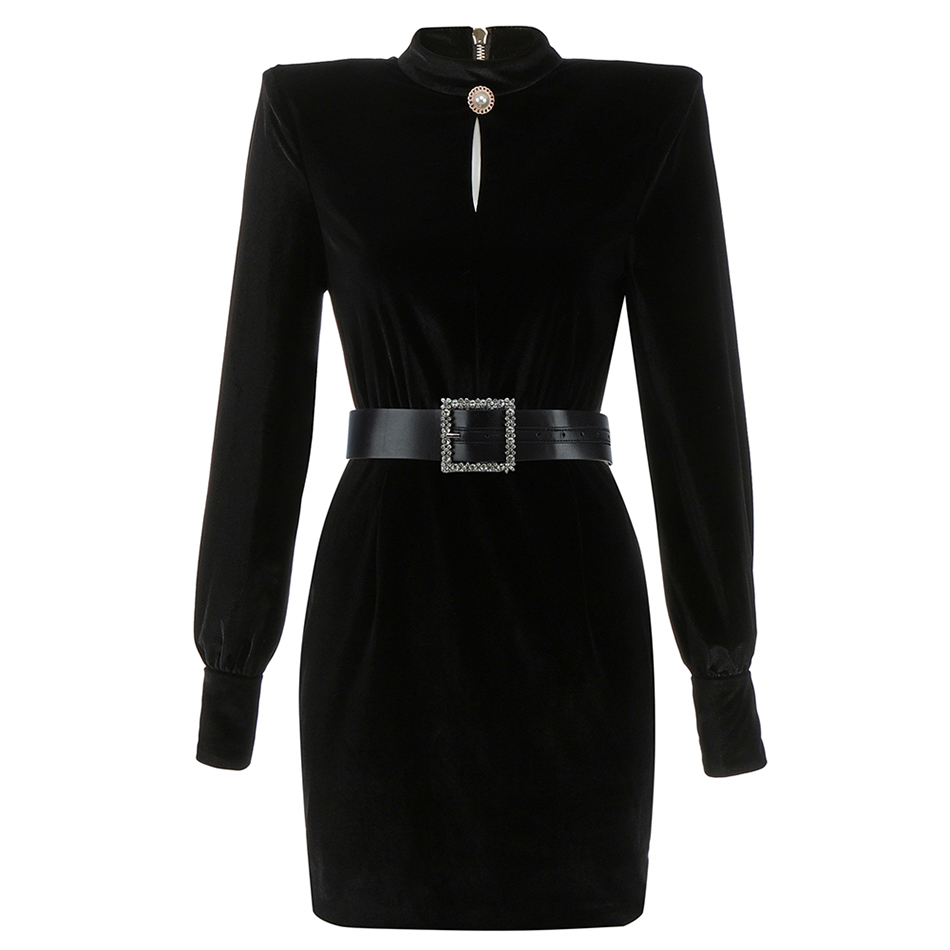 Free Chic Women's Velvet Dress Sexy Stand Collar Long Sleeve Belt Bodycon Hollow Mini Club Party es 210524