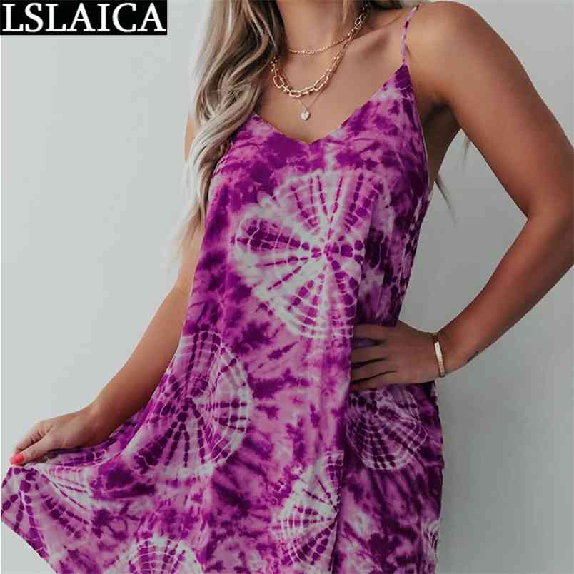 Summer Dress Tie Dye Plus Size Fashion Elegant Mini Party Club Woman Streetwear Knitted Casual Suspender for Women 210515