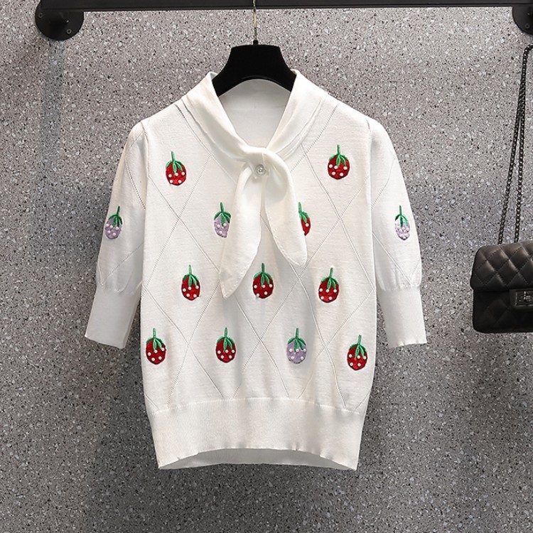 Womens Suit Elegant Knitted Strawberry Embroidery Top And High Waist Midi Skirt Two Piece Set Office Lady Plus Size Summer 210519