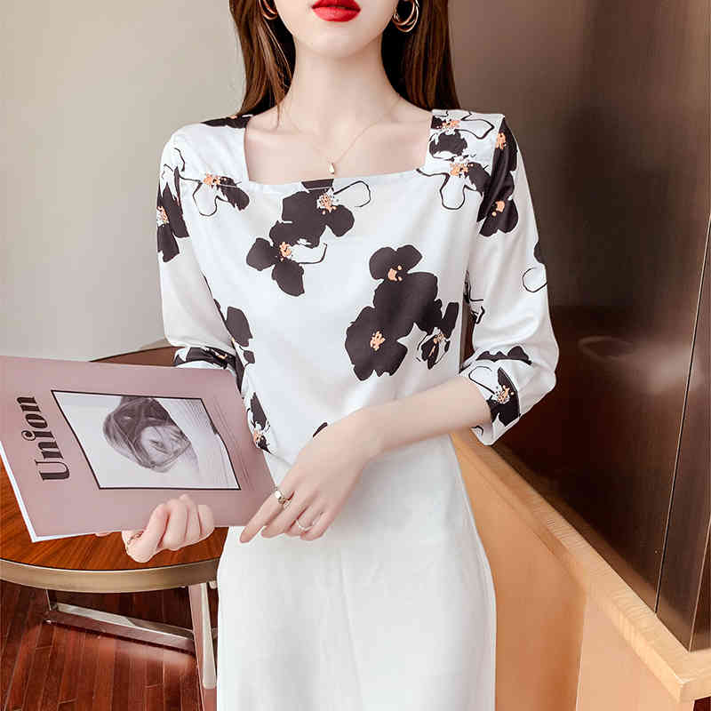 Floral Print Blouses Women Tops Square Collar Silk Fashion Temperament Clothes Summer Three Quarter Sleeve 14287 210506