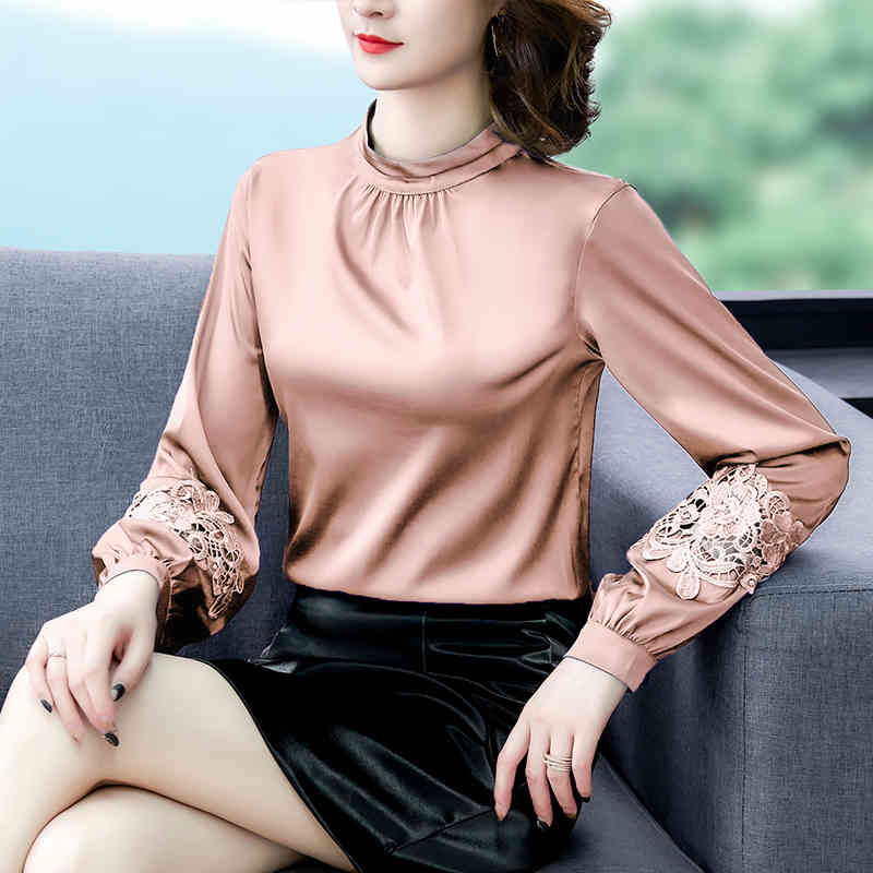 Fashion Solid Silk Shirt Women Embroidery Office Lady Long Sleeve Plus Size Blouse and Tops Blusas Mujer 8501 50 210508