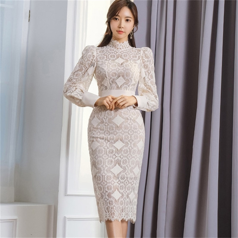 Korea Ladies white Lace Stand Neck Puff Long Sleeved High Waist Slim Pencil Bodycon Midi Sexy Full Party Dress 210519