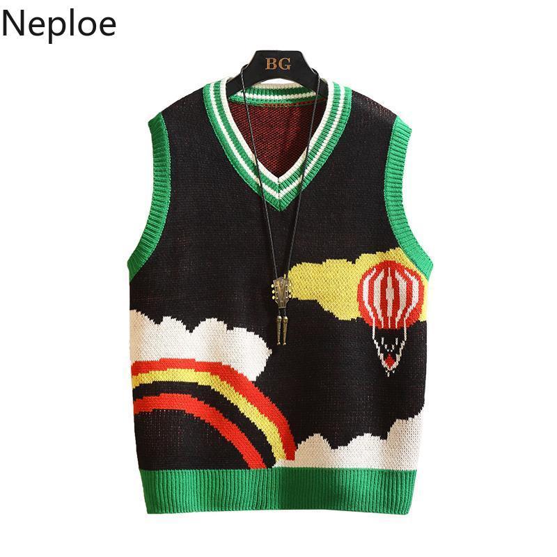 Neploe Rainbow Crochet Floral Sweaters Vest Women BF Streetwear Korean Fashion Knit Pullovers Coat Plus Size Outwear Tank Coat 210422