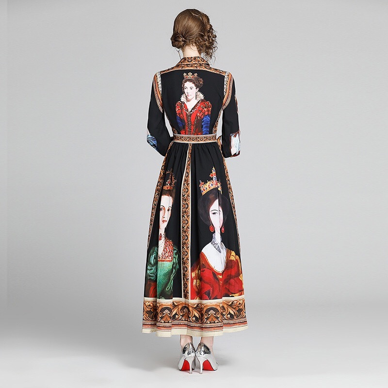 vintage dress painting character printed maxi long sleeve black gothic high waist es oversize big size vestido 210421