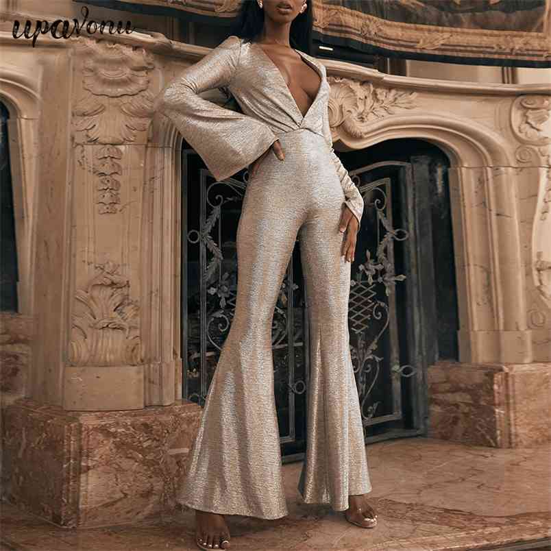 Summer Women's Jumpsuit V-neck Draped Flared Sexy Bodycon Elegant Club Celebrity Party 210524