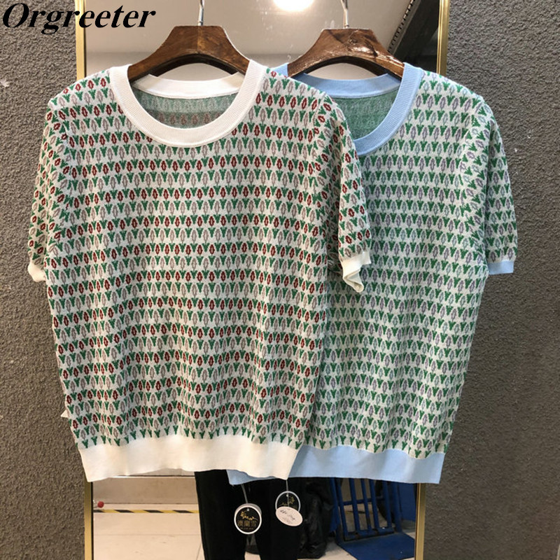 Summer Color-blocking O-neck Short-sleeved Retro Intarsia Floral Jacquard Green Thin Sweater Blouse for Women Knitted Tops 210525, White
Summer Color-blocking O-neck Short-sleeved Retro Intarsia Floral Jacquard Green Thin Sweater Blouse for Women Knitted Tops 210525, White
