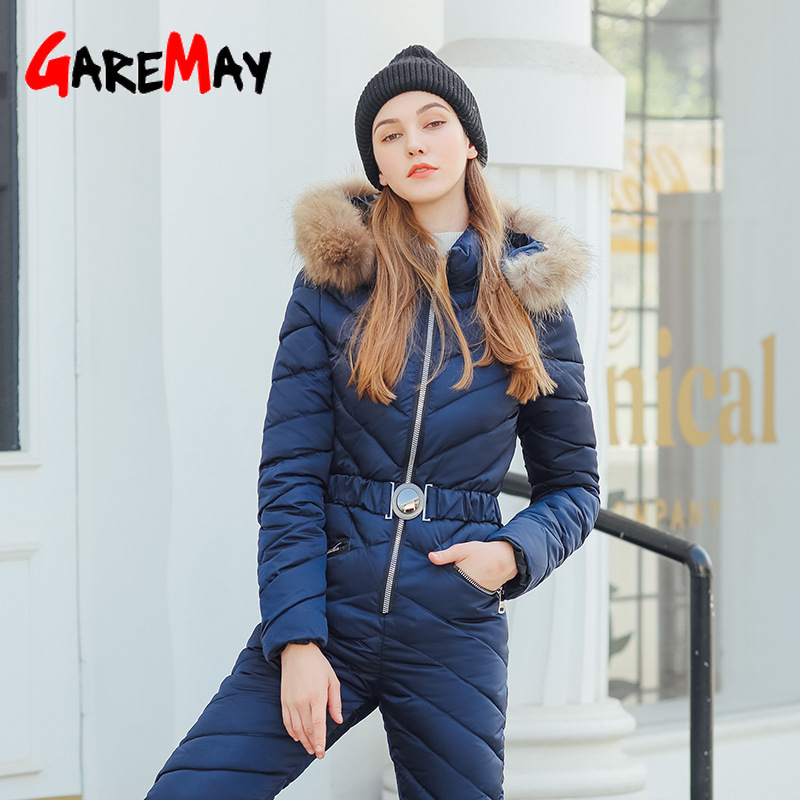 Winter Hooded Jumpsuits Parka Elegant Cotton Padded Warm Sashes Ski Suit Straight Zipper One Piece women's Casual Tracksuits 210428