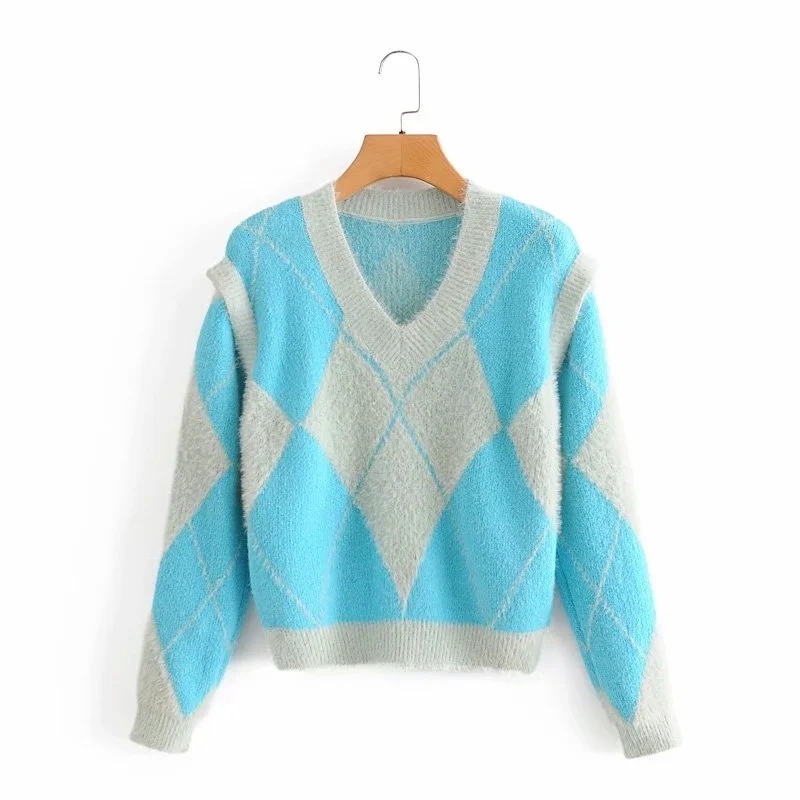 Foridol vintage fluffy argyle pullovers women two way wear blue knitted sweater vest fuzzy casual v neck sweater jumpers winter 210415