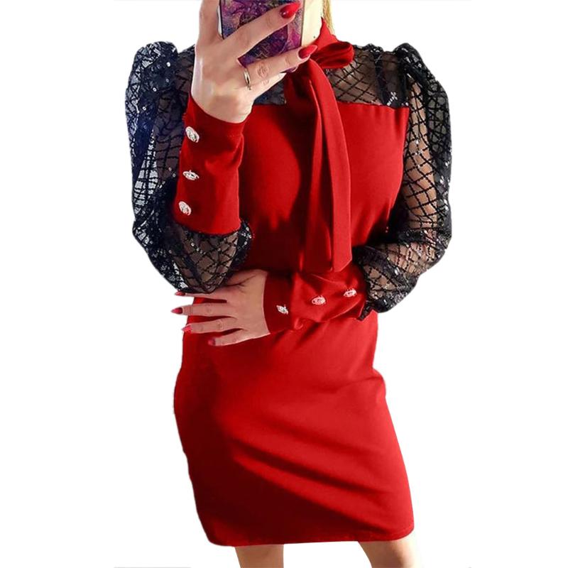 Fashion Women Ladies Sexy Solid Sequined Long Mesh Sleeve Bodycon Slim Mini Dress Summer Clothes Casual Dresses