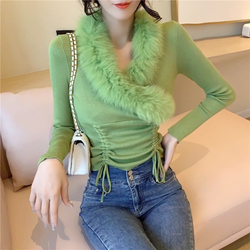 Nomikuma Korean Drawstring Slim Short Pullover Knitwear Fur Patchwork V-neck Pull Femme Long Sleeve Crop Top Sweater 6D074 210427