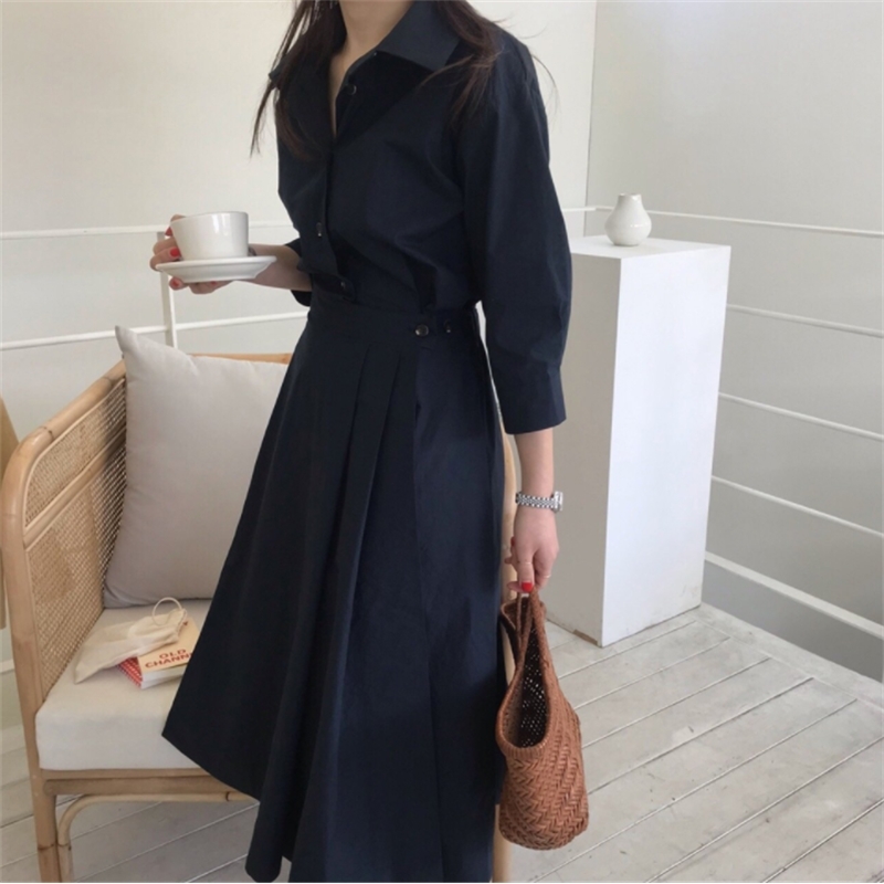 Autumn Long Sleeve Korea Chic Pleated Dresses Turn-Down Collar Single-Breasted Casual Ladies Shirt Vestidos 210520