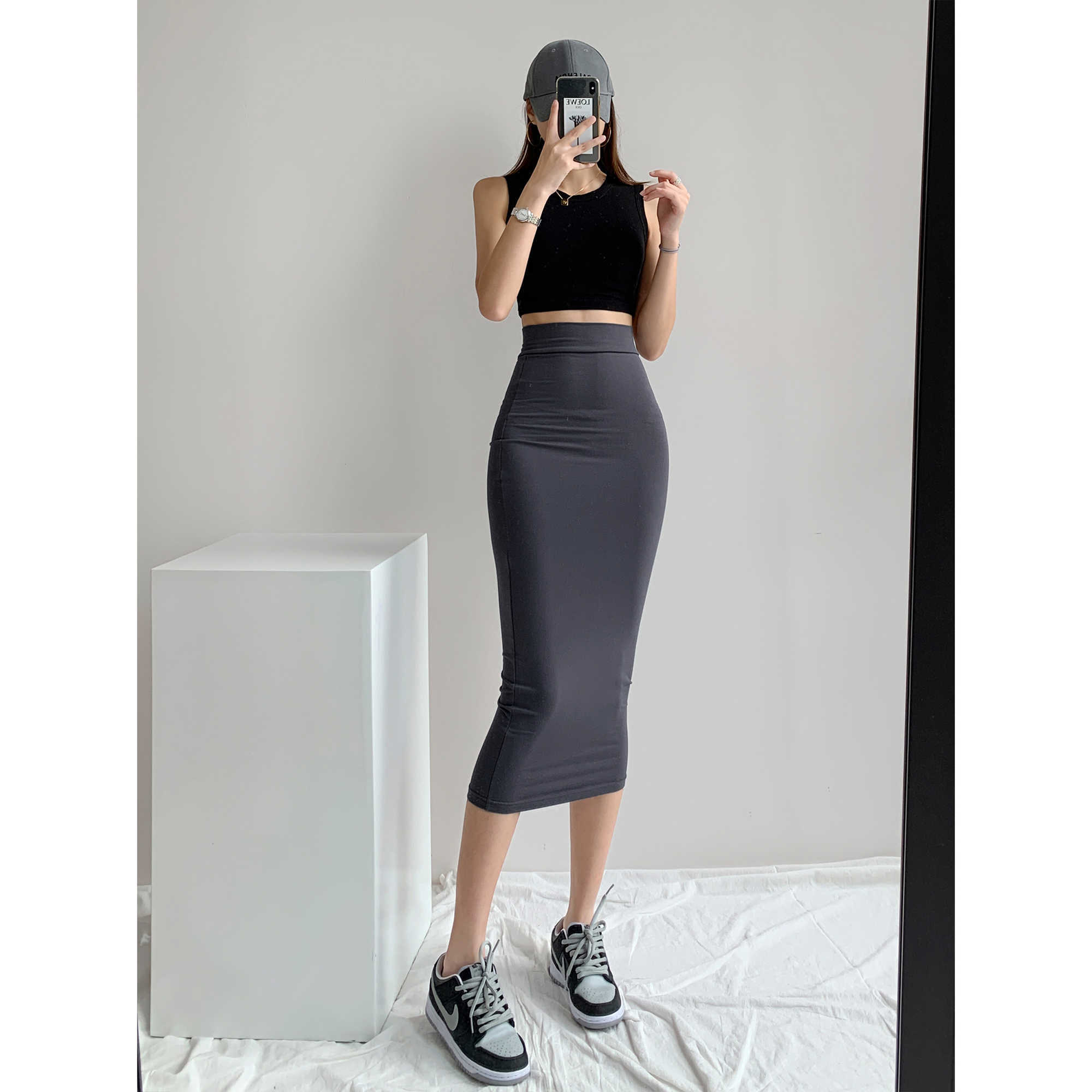 WOMENGAGA European And American Autumn High Waist Mid-length Tight-fitting Hip Slim Slimming Elasticity Skirt Women 2VC 210603