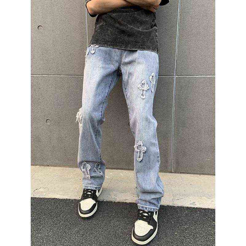 EukaaKa Men Streetwear baggy jeans trousers Cross hip hop Mens Loose Jeans Pants Women oversized Boyfriend Denim 211120