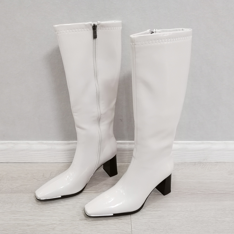 Women Long Boots Shoes High Heel Knee-High Ladies Square Toe Block Heels Zip Fashion Autumn Winter White 210517