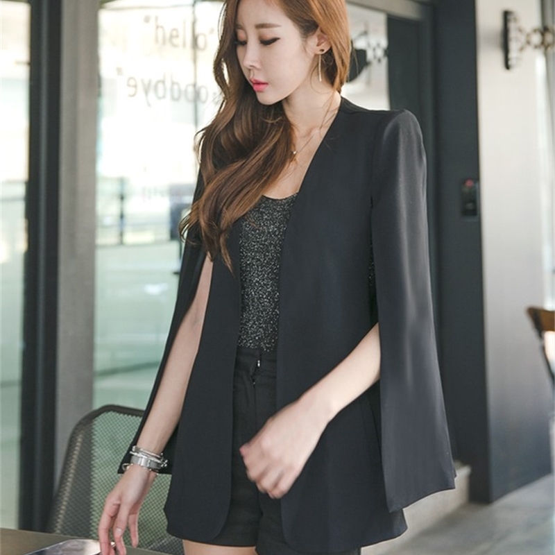 Fashion Spring Black Cape Coat Vintage V-Neck Split Cloak Jacket Female OL Office Workwear Outerwear 210519