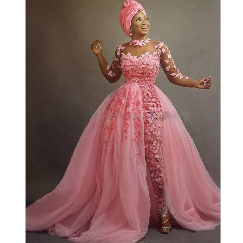 Pink Nigerian African Wedding Dress Jumpsuit With Detachable Train Plus Size Sheer Jewel Neck D Ral Lace Tulle Bride Dres