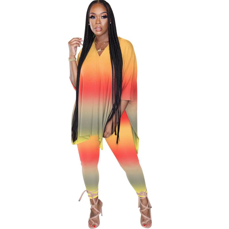 Summer Autumn Women Outfits S--5XL Gradient Half Sleeves Long T Shirt With Split + Leggings Two Pieces Party Sports Sets Women's Tracksuits