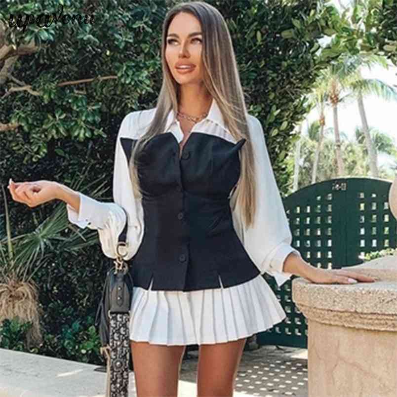 Free Fashion Women Bodycon Dress Lapel Lantern Sleeve Black and White Stitching Draped Sexy Party 210524