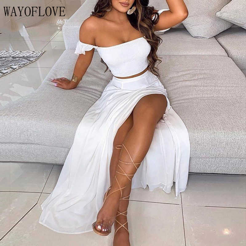 WAYOFLOVE Off Shoulder White Dress Sets Party Elegant Long Dress Sets Women Plus Size Top And Skirt Suit Sexy Two Piece Set 210602