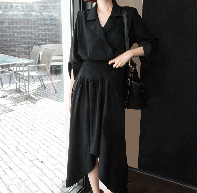 Spring Women High Waist Irregular Solid Dresse vintage Mid Long Dresses D01504M 210416